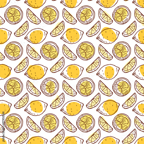 Yellow Fruit background. Hand drawn doodle Lemon seamless pattern.