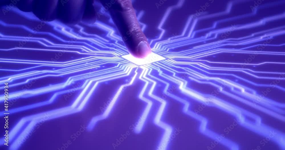 Human Finger Turns On Super Computer With Fingerprint Technology. Super AI Computers Integrating With Human Life.