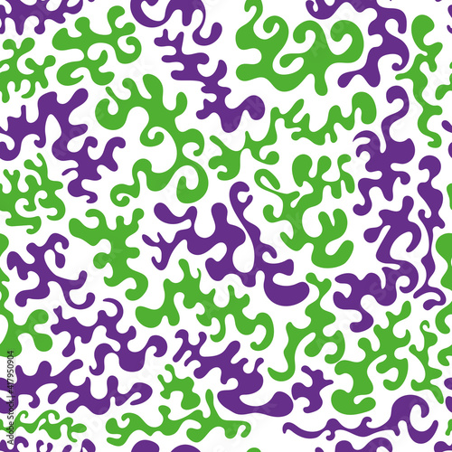 seamless pattern of multi-colored spots of complex shapes, lilac and light green wandering blots