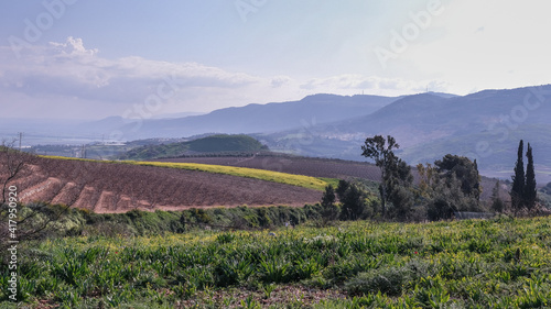 Photos View of Hula valley and Naftali mountains as seen from upper Ayun stream trail, near the town of Metula in Upper Galilee, Northern Israel, Israel