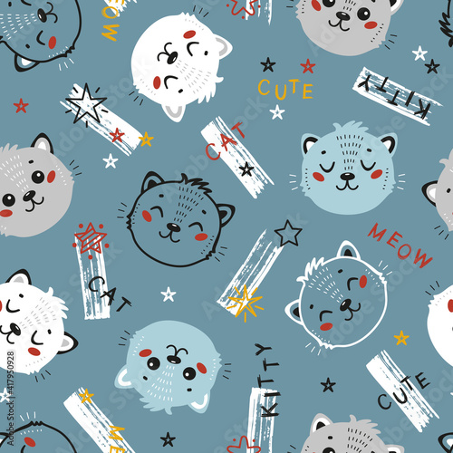 Cute Cats Seamless Pattern. Childish Background with Little Kitten Heads. Vector Baby Animals Drawing for Tee Print for Kids
