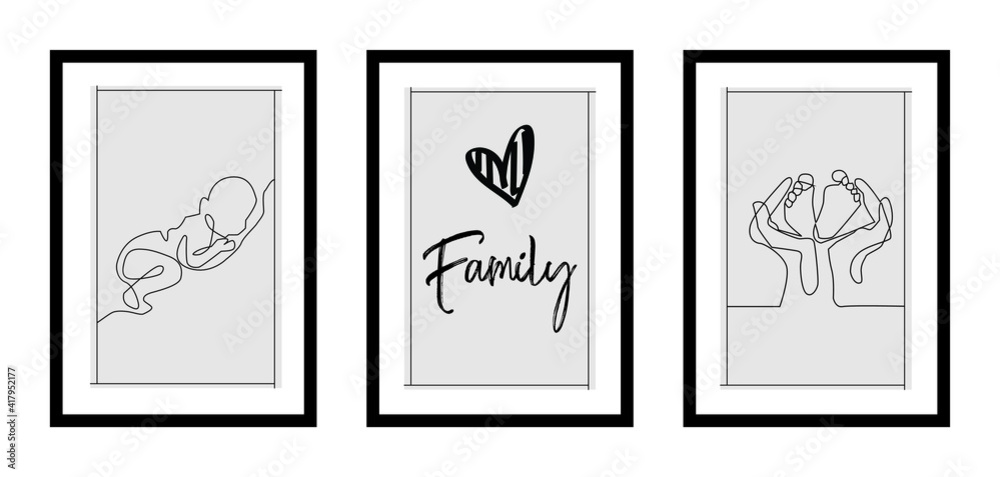 Three different design minimalist poster for family in black frame with daily typography quotes - vector