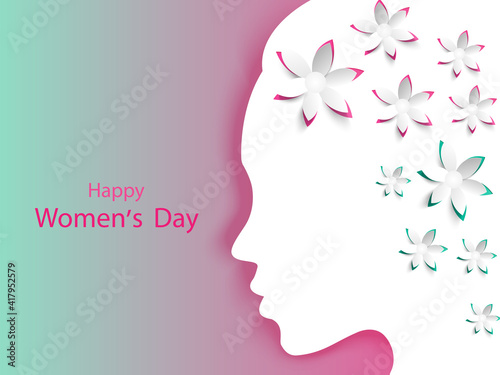 Banner for the International Women's Day. Greeting card for 8 March with the decor of flowers and and the face of a woman.For brochures, postcards, tickets, banners.3D origami spring flowers © Tally 18
