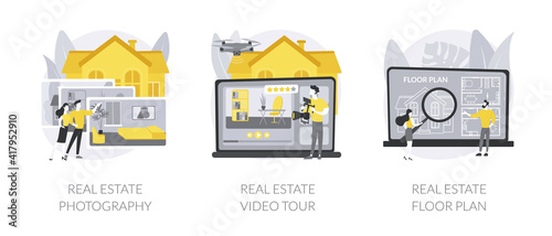 Real estate listing services abstract concept vector illustration set. Real estate photography, video tour and floor plan, realty agency advertisement, open house, virtual staging abstract metaphor.