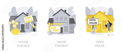 Real estate agent service abstract concept vector illustration set. House for sale and for rent, open house, best deal, booking, residential and commercial property, mortgage broker abstract metaphor.