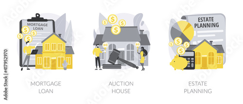 Residential and commercial property abstract concept vector illustration set. Real estate services, mortgage loan, auction house, estate planning, down payment, attorney advise abstract metaphor.