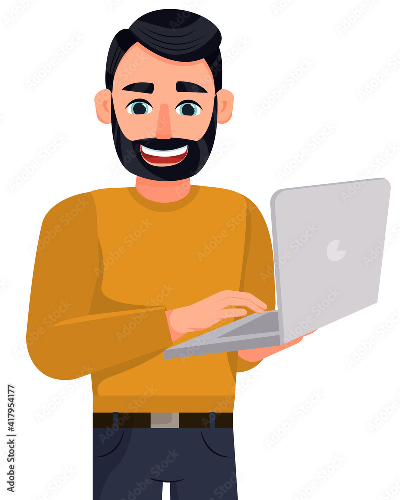A man with a beard holds a laptop. Cute man isolated on white background. A man with a beard holds a laptop. Cute man isolated on white background.
