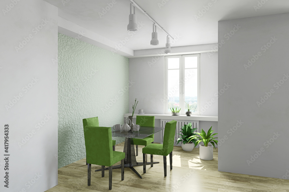 Fototapeta premium Contemporary simple dining room interior with table, chairs and plants, modern design, 3d rendering illustration