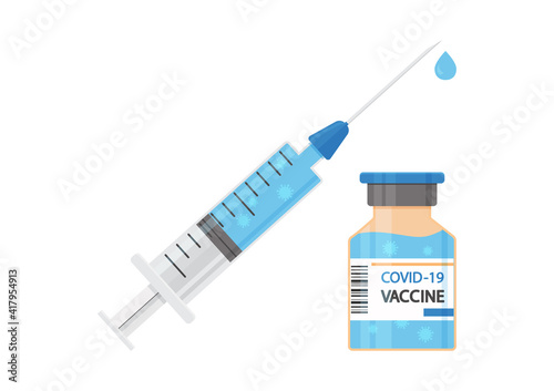 Vaccine COVID-19 vector icon. Syringe and blue vaccine vial, bottle of medicine isolated on white background. Coronavirus concept. Health illustration