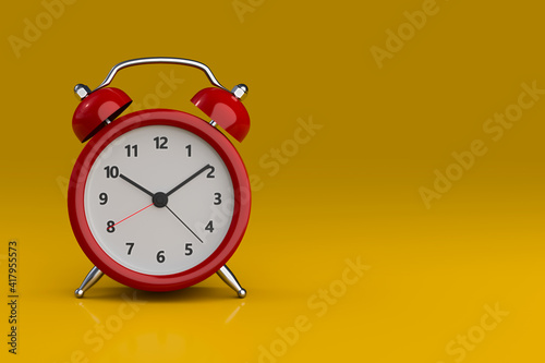 Close up red alarm clock on yellow background. 3d rendering