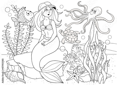 The little mermaid. Fairy tale. Coloring page. Illustration for children. Cute and funny cartoon characters