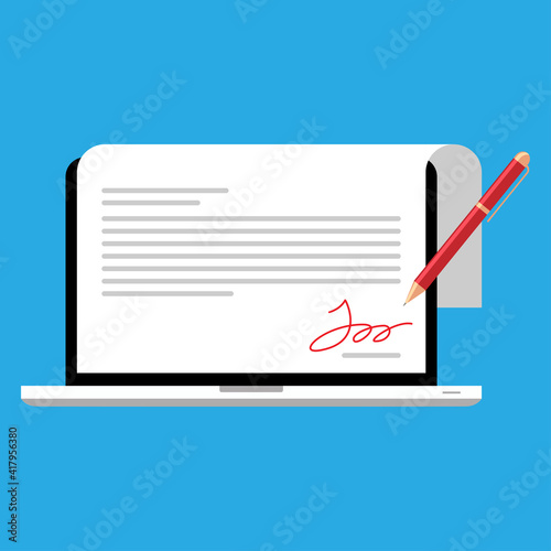 digital signature on the laptop screen concept illustration flat design vector eps10, graphic element for infographic, social media, etc