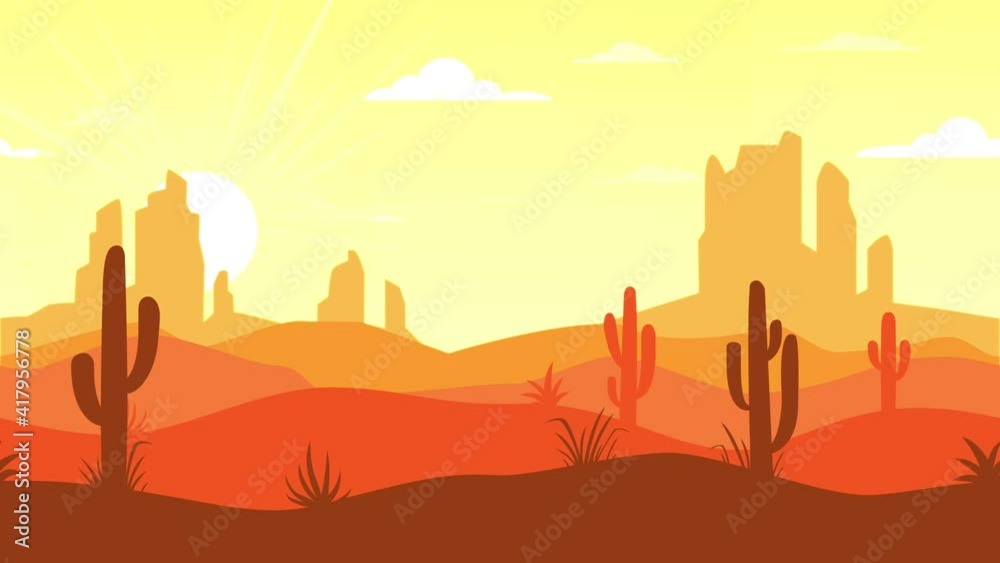 Moving landscape with desert and cactus. Looped animation background in flat style. 4k stock footage