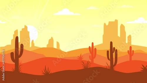 Moving landscape with desert and cactus. Looped animation background in flat style. 4k stock footage