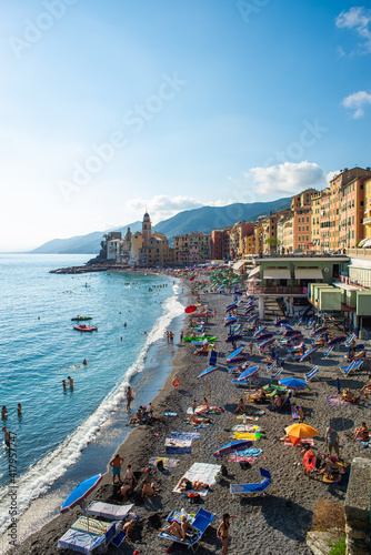 Camogli's main beach during summer. The beach is less crowded than usual due to covid restrictions