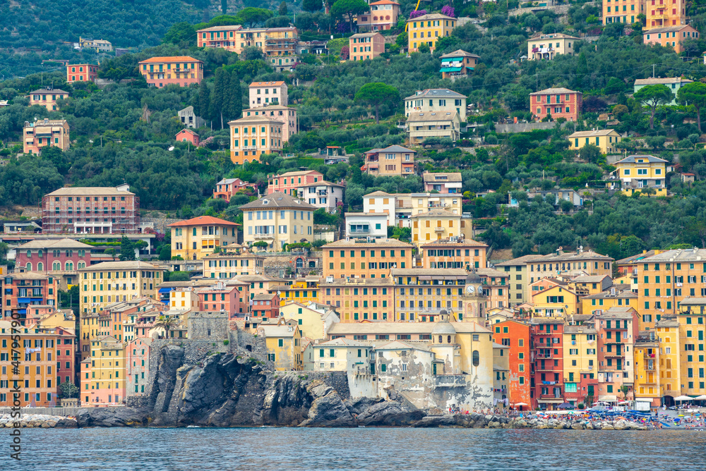 View of Camogli's church and typical Liguria colored houses in the background. Italian Riviera