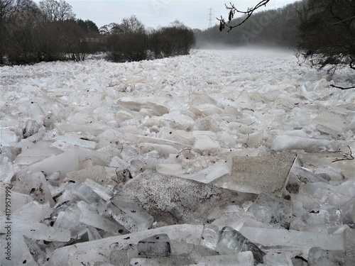 Slabs of accumulated ice in the River Ayr, Scotland after a particularly cold spell of weather 