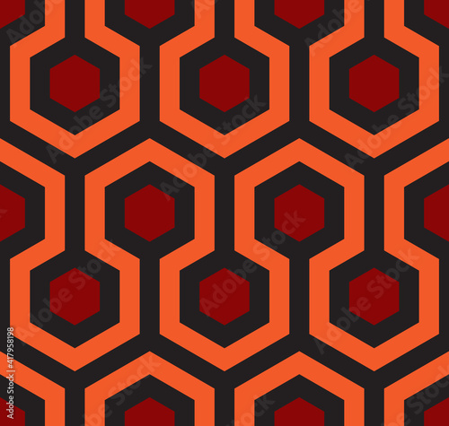 Seamless geometric pattern. Abstract background of hexagon figure. Shining. The Overlook hotel carpet. Wrapping paper and fabric texture. 