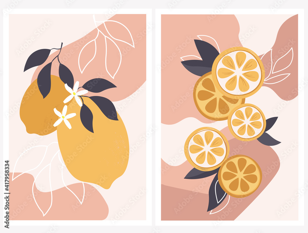 Abstract still life in pastel colors of posters. Collection of contemporary art. Minimalistic elements, fruits, lemons for social networks, postcards, printing. Vector graphics.
