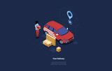 Vector Illustration In Cartoon 3D Style. Isometric Composition On Dark Background With Text And Objects. Fast Delivery Concept Design. Red Work Car, Man With Parcels And Cardboard Boxes. Map And GPS