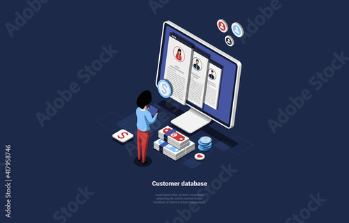 Isometric Illustration On Dark Background. Cartoon Style 3D Composition With Characters And Objects. Customer Database Concept Design. Person Standing Near Computer Monitor With Information On Screen