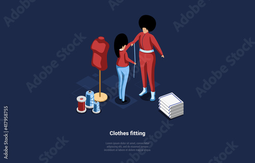 Vector Illustration Of Clothes Fitting Concept. Isometric Composition In Cartoon 3D Style. Dark Background And Design Elements. Two Characters. Woman Measuring Suit For Client, Sewing Items Around
