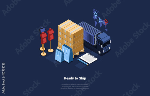 Vector Illustration Of Products Or Clothes Ready To Ship Concept. Isometric Composition In Cartoon 3D Style. Dark Background, Text And Design Elements. Parcels, Mannequins, Shopping Bags And Big Truck