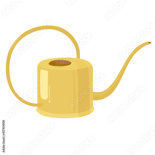 Garden metal watering can in gold color vector illustration on the white background