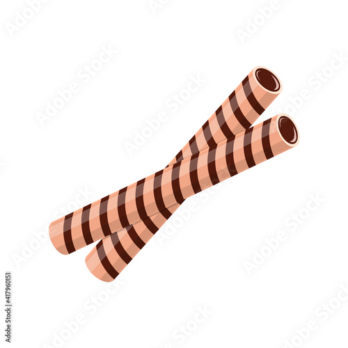 Chocolate cream filled wafer sticks or rolls. Sweet waffle biscuit cookies isolated on white background. Vector cartoon illustration.