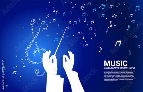 Vector silhouette of conductor hand with music melody shape sol key note dancing flow . Concept background for song and concert theme.
