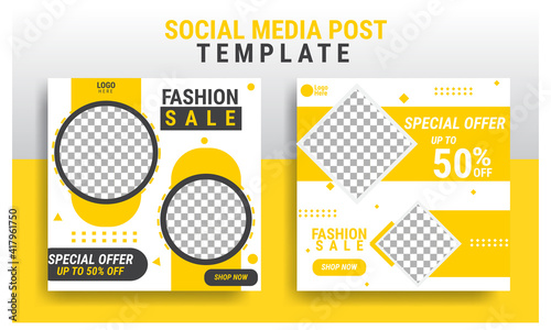 Set of editable minimal square banner templates. Black and yellow background color with striped shape. Suitable for social media posts and web internet advertising. Vector illustration