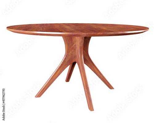 Round wooden retro table, dining table isolated on white background. Clipping path included. 3D render. 3D illustration.