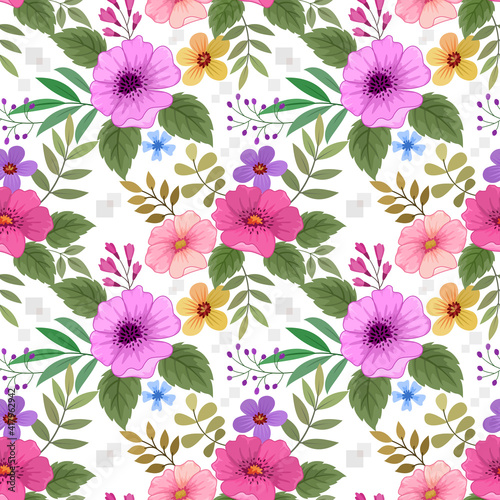 Colorful hand draw flowers seamless pattern on white color background for fabric textile wallpaper.