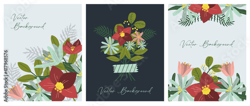 Set vertical de plantillas de diseño vectorial en estilo moderno y femenino de plantas y flores, con espacio para texto. 