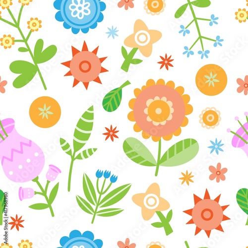Seamless pattern with different plants and  flowers on  white background. Vector print with herbs. Botanical doodle wallpaper.