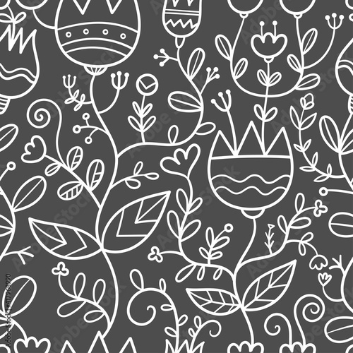 Seamless pattern with different plants and  flowers on  dark background. Vector print with herbs. Botanical doodle wallpaper.