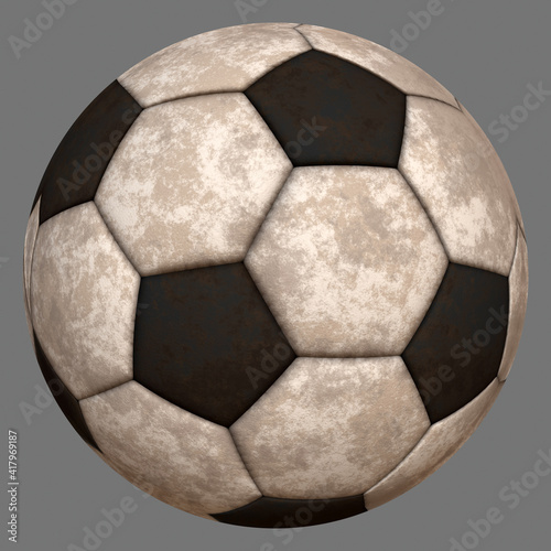 3D illustration of a leather soccer ball on a grey background