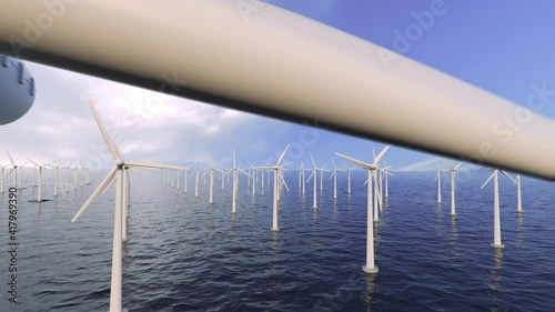 A lot of spinning wind turbines farm in the sea turning under a beautiful blue sky. 3D animation