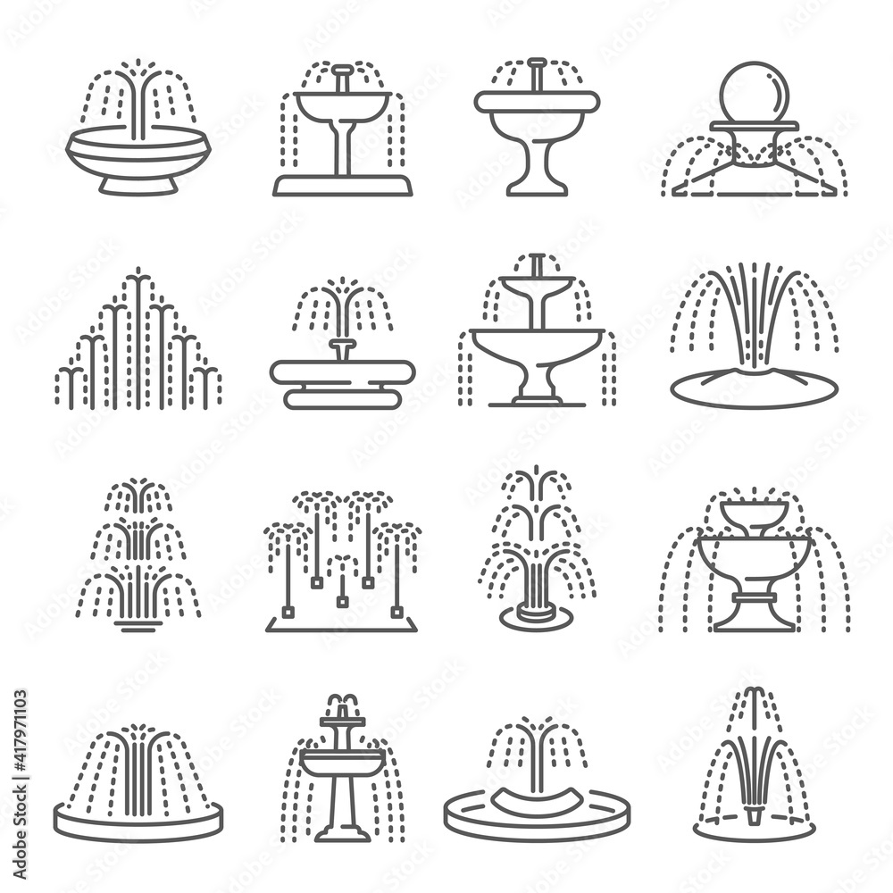 Fountain types thin line icons set isolated on white. Architecture pouring water pictograms.