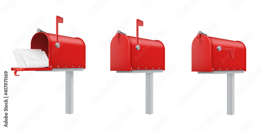 Mailboxes open, closed, with letters red realistic templates set. Outdoor drop boxes, street postboxes.