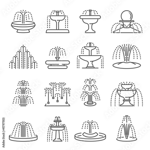 Fountain types thin line icons set isolated on white. Architecture pouring water pictograms.