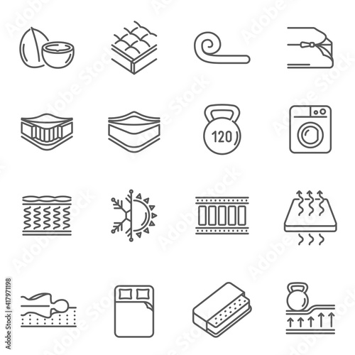 Mattress features thin line icons set isolated on white. Spine support, washable cover, pressure.