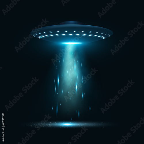 UFO with blue glowing illumination in realistic style. Unidentified flying object, saucer.