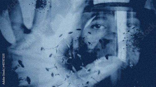 Hand holding covid-19 immune certification card on background of female face in protective mask showing stop sign. 