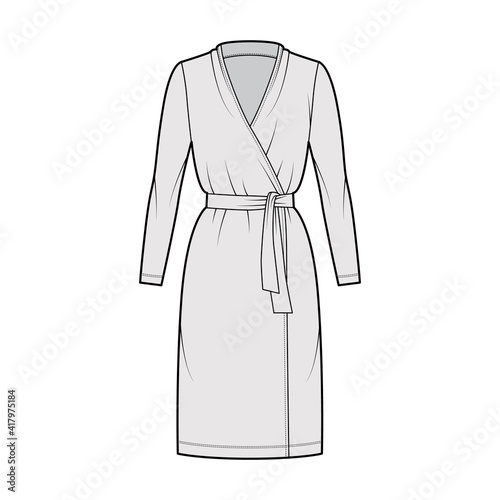Wrap dress technical fashion illustration with deep V-neck, long sleeves, oversized, knee length, pencil cut, tie. Flat apparel template front, grey color style. Women, men unisex CAD mockup