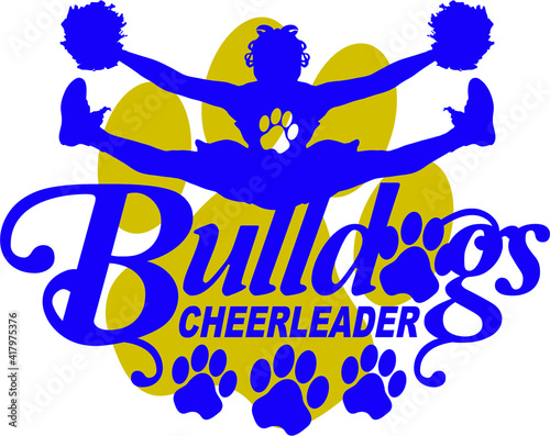 bulldogs cheerleader team design with cheerleader and paw prints for school, college or league