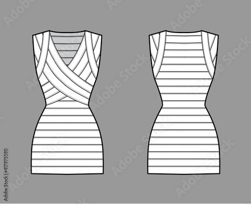 Bandage dress technical fashion illustration with V-neck, sleeveless, fitted body, elasticated, mini length, pencil cut. Flat apparel template front, back, white color style. Women, unisex CAD mockup