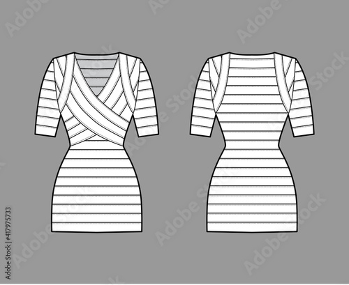Bandage dress technical fashion illustration with V-neck, short sleeves, fitted body, elasticated, mini length, pencil cut. Flat apparel template front, back, white color style. Women, men CAD mockup