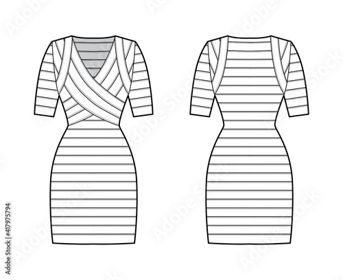 Bandage dress technical fashion illustration with V-neck, short sleeves, fitted body, elasticated, knee length, pencil cut. Flat apparel template front, back, white color style. Women, men CAD mockup