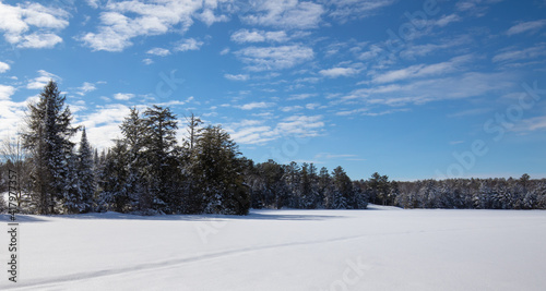 Frozen lake scene with forests and bright blue sky